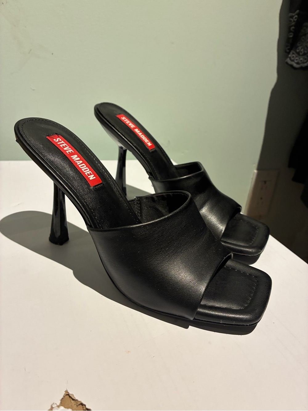 Steve Madden Black Leather Square-Toe Mule Heels